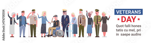 Veterans Day Celebration National American Holiday Banner With Group Of Retired Military People Vector Illustration
