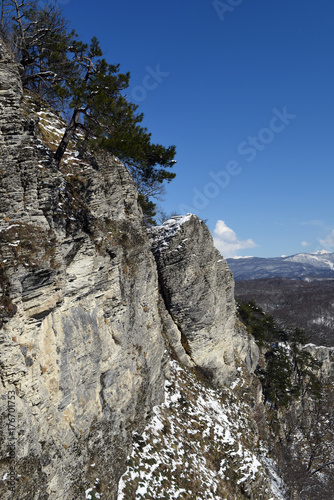 Eagle rock or the rock of Prometheus in the snow, Sochi, Russia