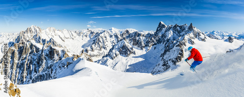 Skiing Vallee Blanche Chamonix with amazing panorama of Grandes Jorasses and Dent du Geant from Aiguille du Midi, Mont Blanc mountain, Haute-Savoie, France photo