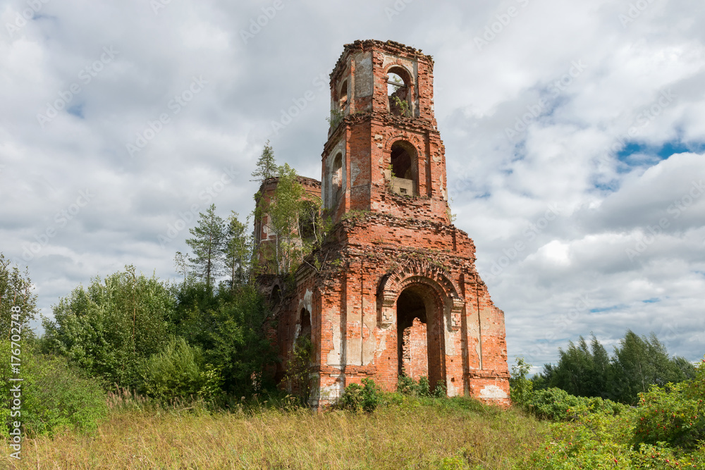 Ruined Church of the Kazan icon of the Mother of God. The  Village Of Russian Noviki. Valday district, Novgorod region, Russia
