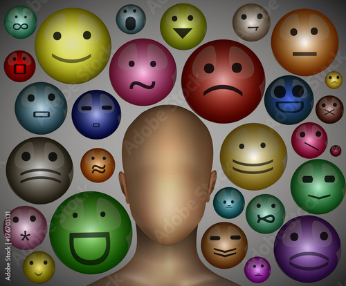 mood concept, faceless man think about face expression, choose the right expression sign,