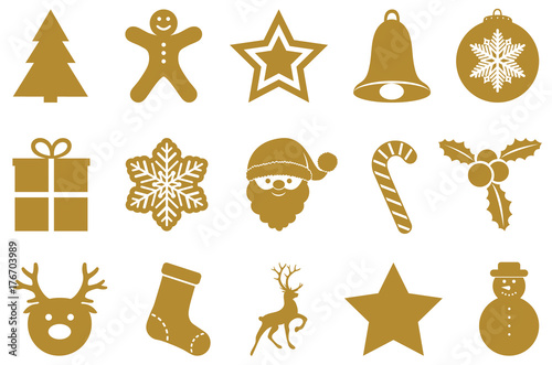 Collection of gold Christmas decorations. Vector.