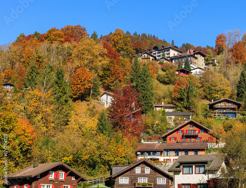 View of the town of Engelberg in Switzerland in autumn. Engelberg is an alpine resort town in the Swiss canton of Obwalden. © photogearch
