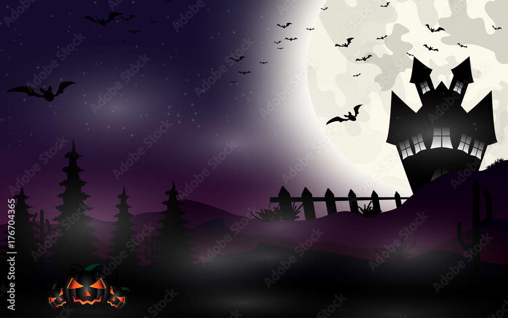 Halloween background. Dark cemetery with pumpkins head, witch and the moon