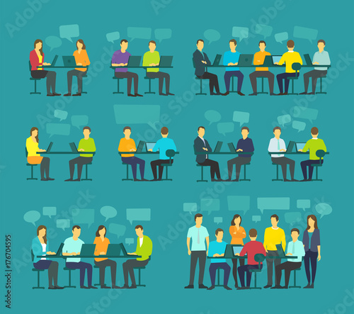 Office team business people big set discussing meeting sit desk working. Brainstorming talking on blue background