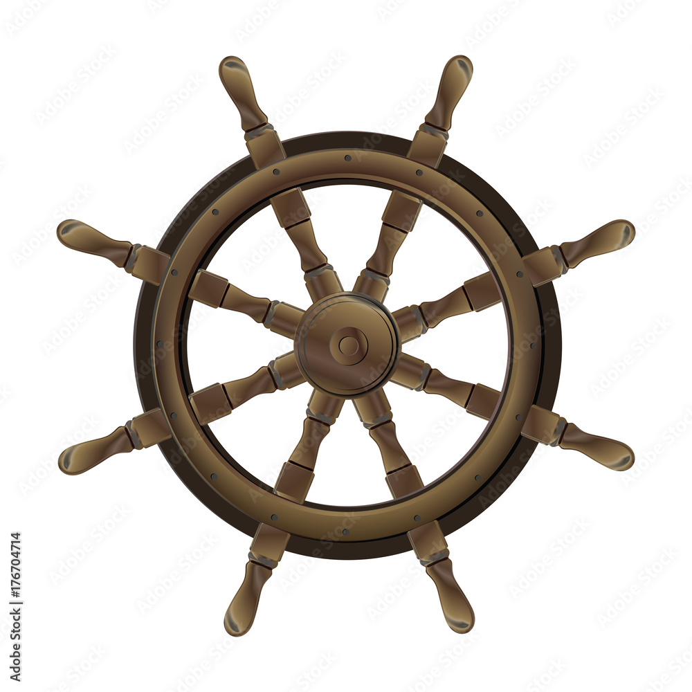 Isolated vintage brown wooden steering wheel