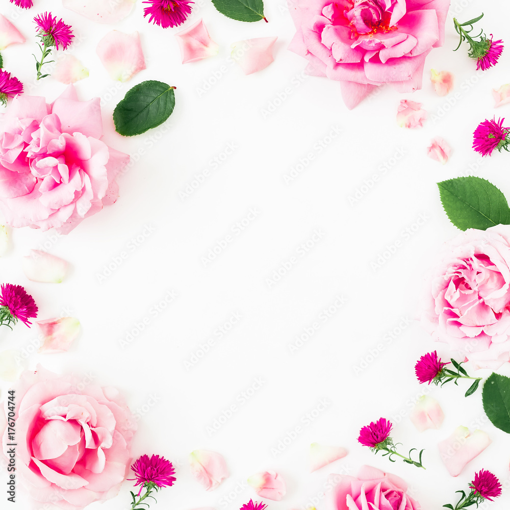 Floral frame with pink roses, petals and leaves isolated on white background. Flat lay, top view. Floral frame with pink roses, petals and leaves isolated on white background. Flat lay, top view.