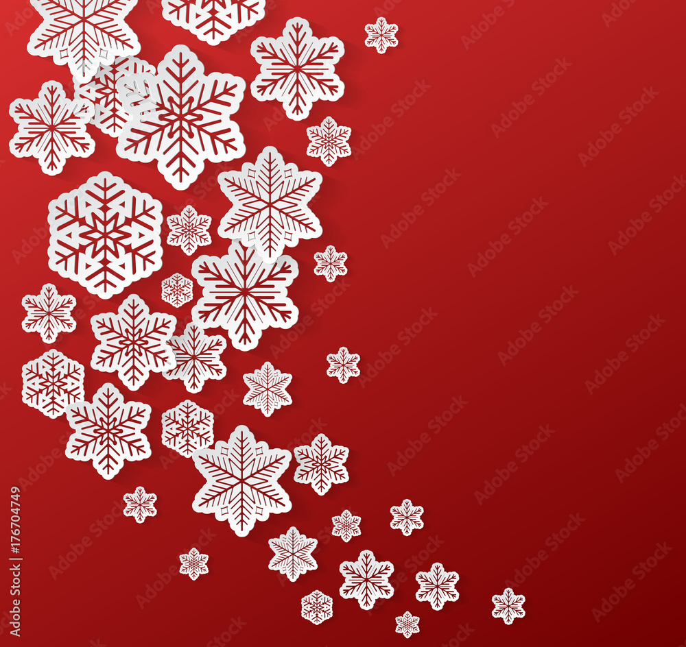 Realistic 3d paper snowflakes on red background - concept of Christmas design. Vector.