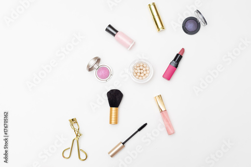 Female cosmetics arrangement flat lay