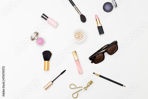 Styled female accessories on white background. Flat lay