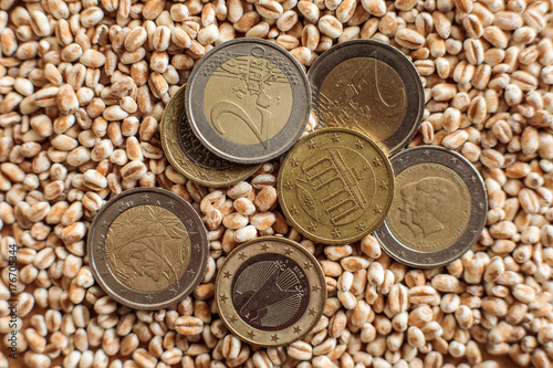 Grain Deal: Euro coins and cereal grains of wheat