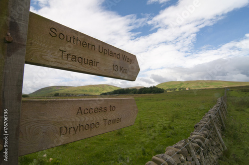Signpost for Southern Upland Way and Dryhope Tower