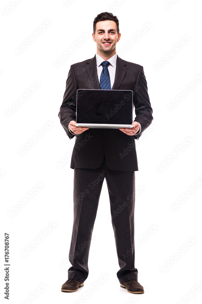 A business man presenting on a laptop on white background A business man presenting on a laptop on white background