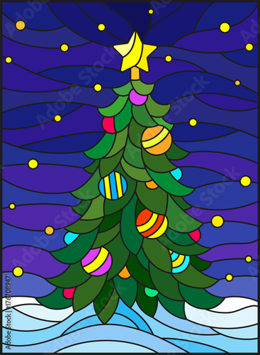 Illustration in stained glass style for the new year, decorated Christmas tree with decorations on a background of snow and starry sky