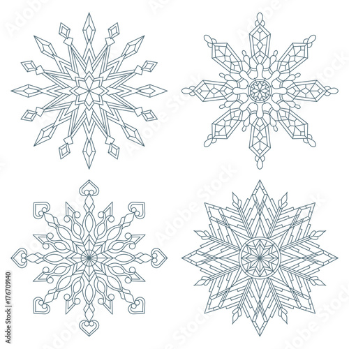 Set contour snowflakes stained glass style, black contour on white background isolated
