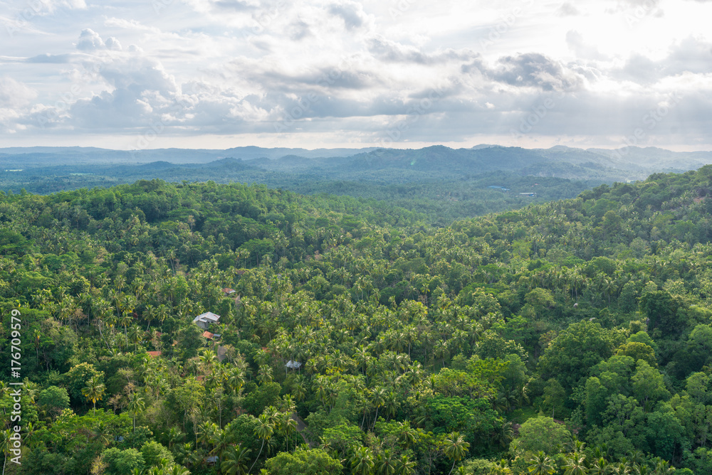 Fototapeta premium Viewpoint and outlook to the hills and mountains in the neighbourhood of the most important cultural-historical temple of the region Tangalle, the Mulkirigala Raja Maha Vihara