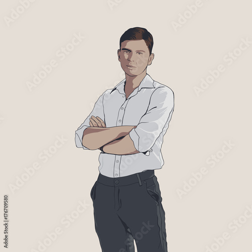 Handsome young adult men in shirt and trousers. Hand drawing illustration with black line art. Man with crossed arms