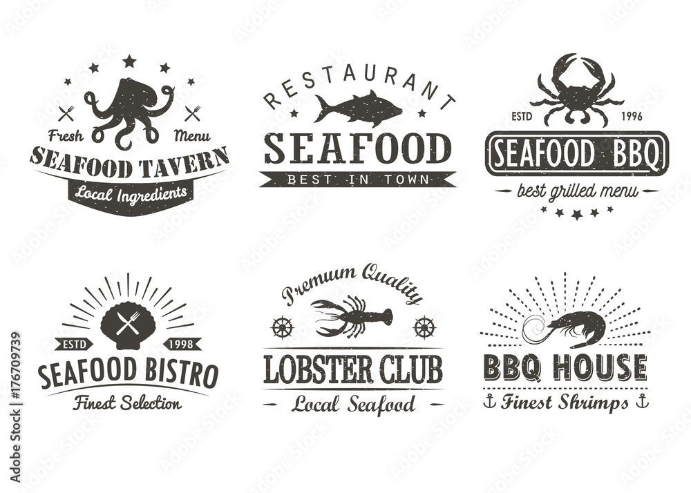 Set of vintage seafood, barbecue, grill logo templates, badges and design elements. Logotypes collection for seafood shop, cafe, restaurant. Vector illustration. Hipster and retro style.