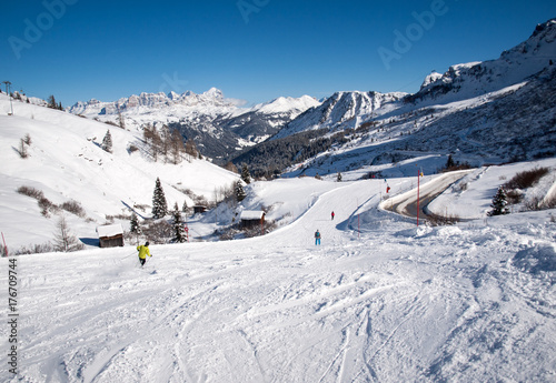Skiing area in the Dolomites Alps. Overlooking the Sella group in Val Gardena. Italy
