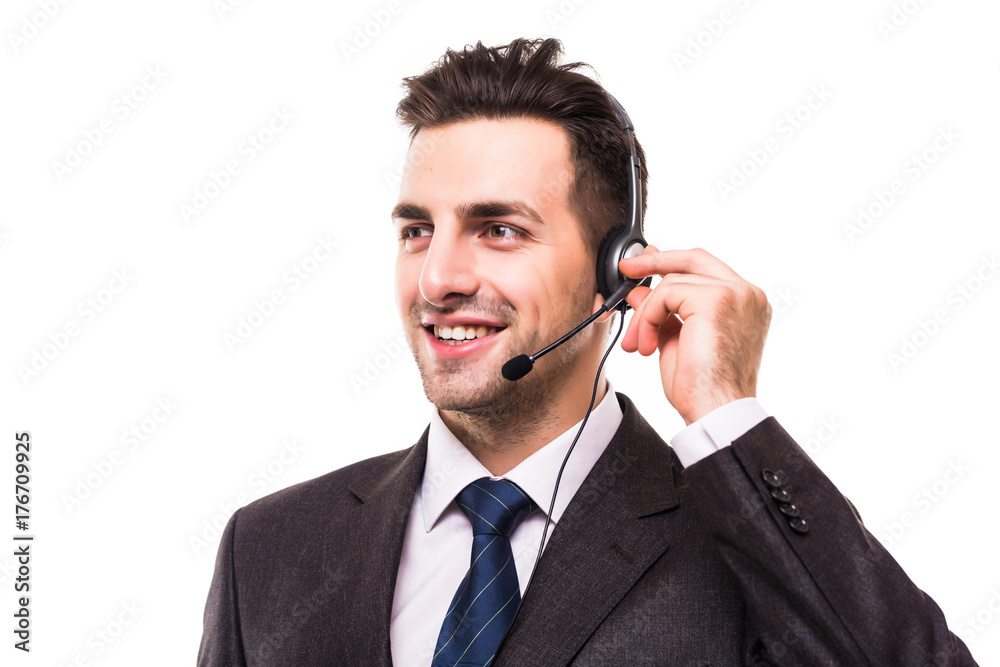 Close up photo of handsome young smiling confident worker of call center isolated on white background Close up photo of handsome young smiling confident worker of call center isolated on white background