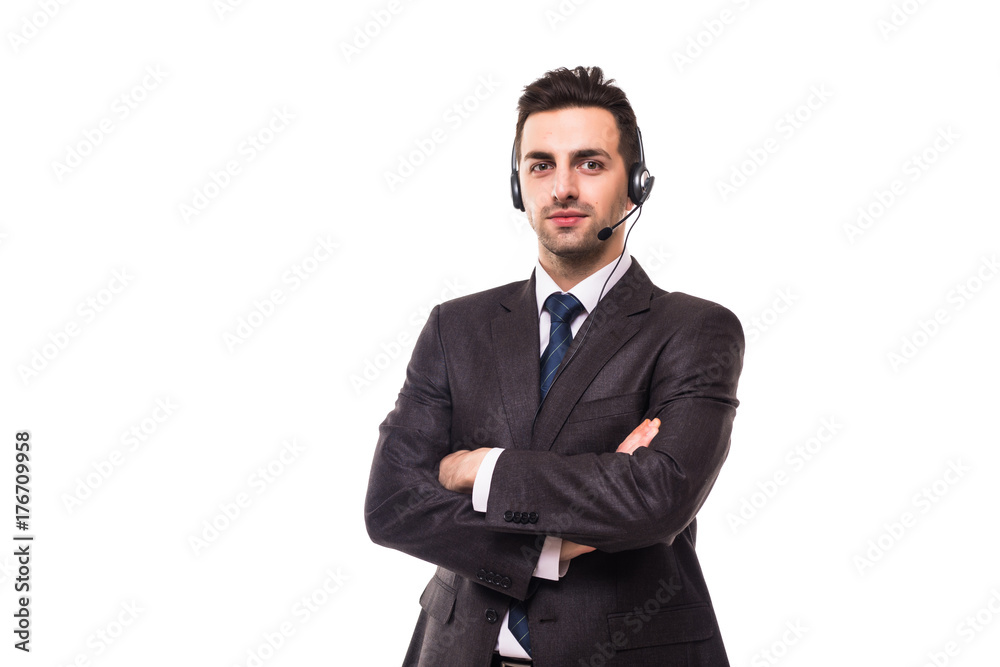 Customer support operator with a headset on white Customer support operator with a headset on white