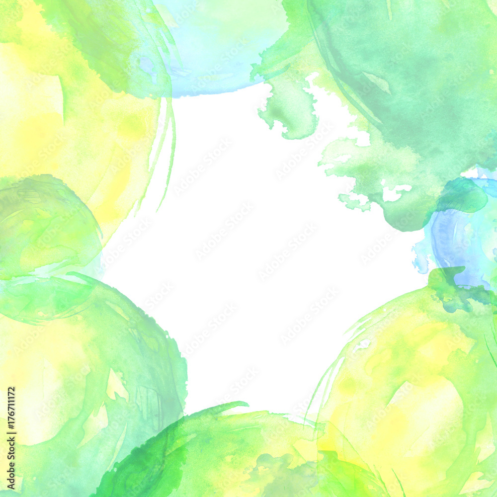 Watercolor background, frame with round elements, splash paint, blot