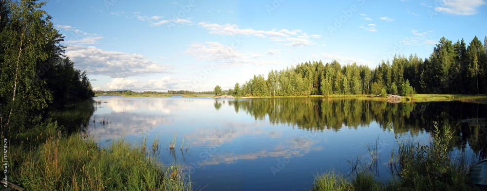 Beautiful lakeside scenery panorama of pristine nature