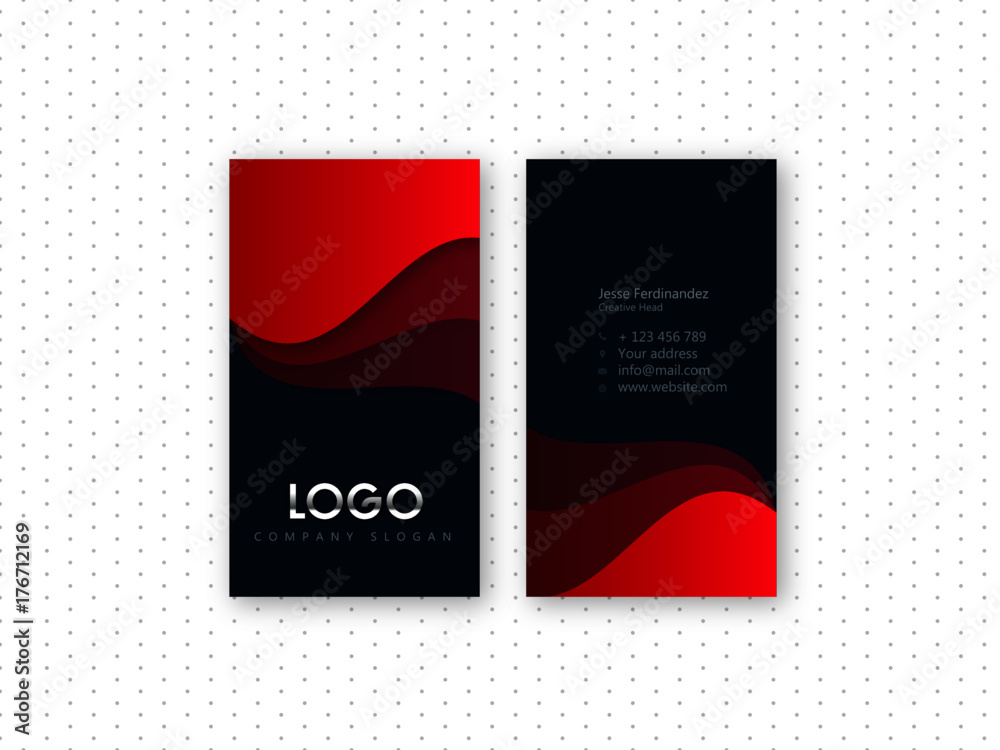 Modern dark blue and red shape vertical business card