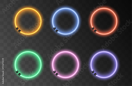 Set of Neon lamp frame abstract round circle sign isolated on transparent background. Vector illustration