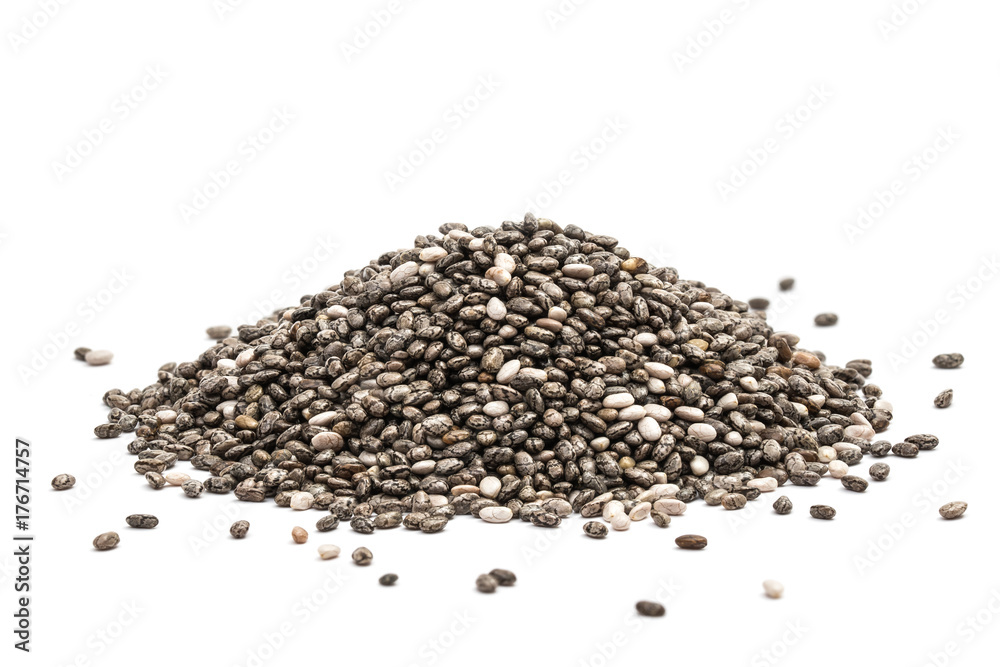 Pile of healthy chia seeds isolated on a white background - obrazy, fototapety, plakaty 