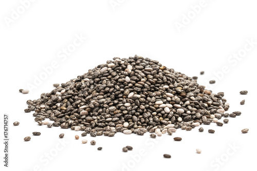 Pile of healthy chia seeds isolated on a white background