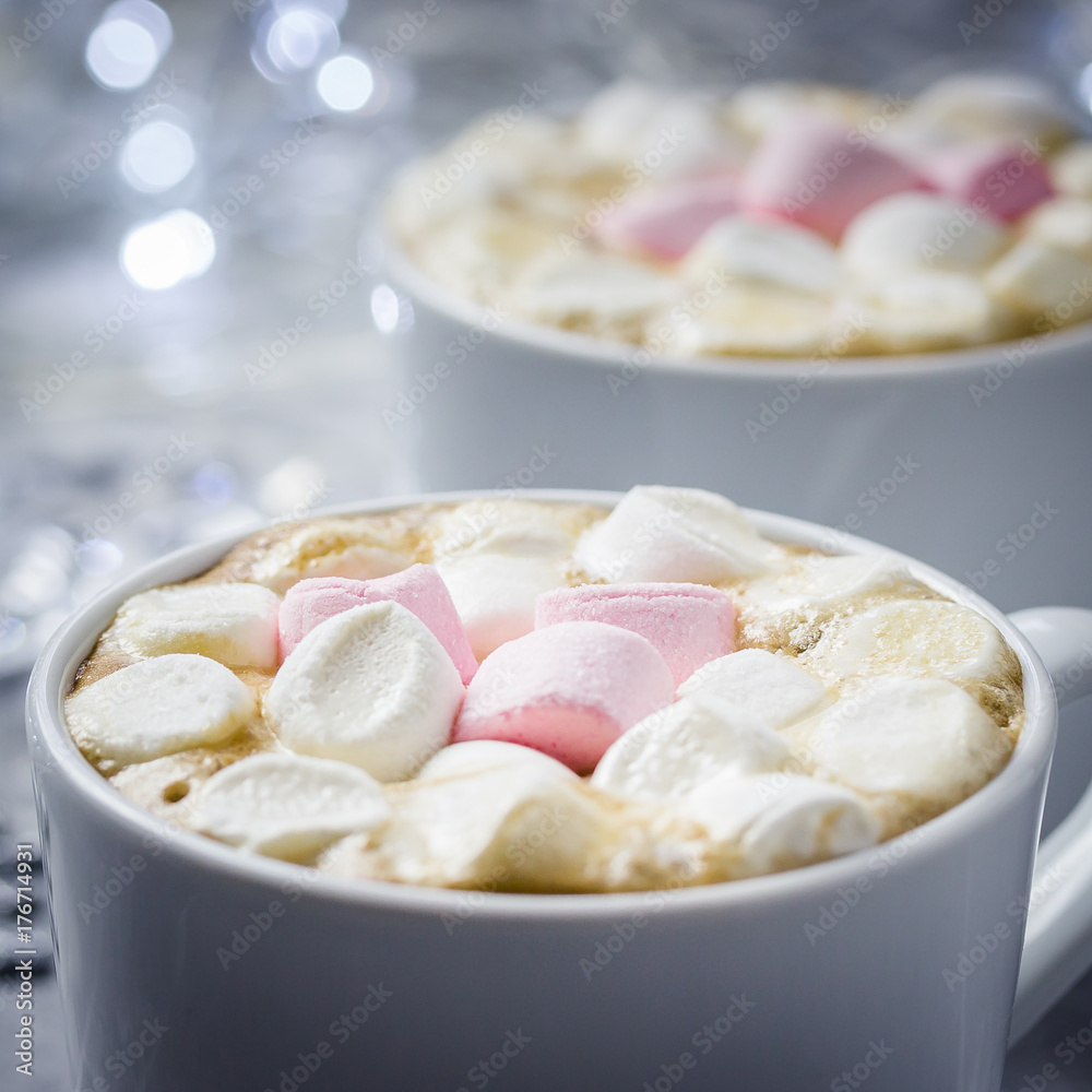 Winter hot marshmallow chocolate. Selective focus, space for text, close up. Winter hot marshmallow chocolate. Selective focus, space for text, close up.
