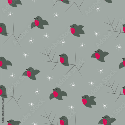 Christmas winter cute bullfinches seamless pattern