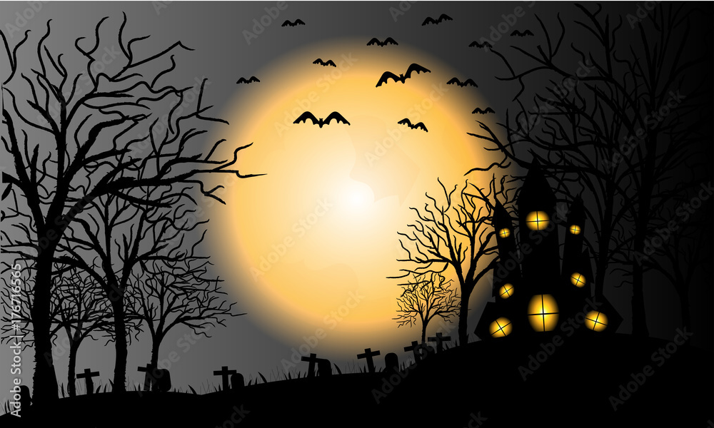 Halloween  and dark cross, bats, tree and grave on light red-orange Moon and dark castle background, illustration.