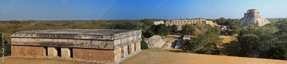View on the Ball court and Pyramid of the Magician, Uxmal, Mexico  