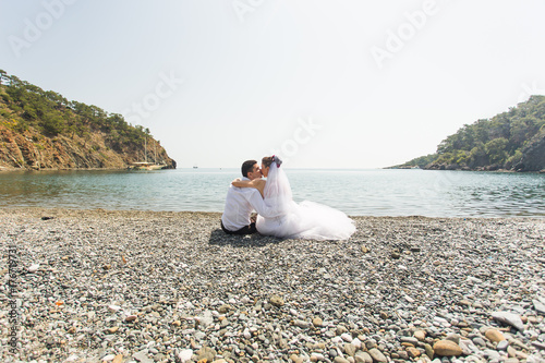 honeymoon couple travel sea and beach resort in Europe. Bride and groom