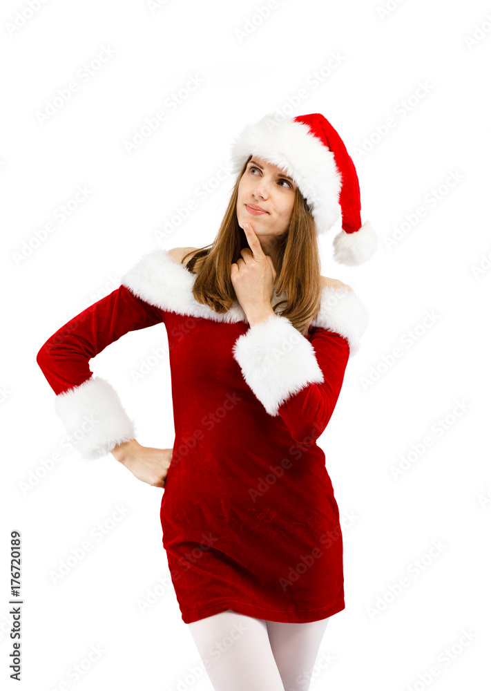 Beautiful woman in Santa Claus clothes on white background Beautiful woman in Santa Claus clothes on white background