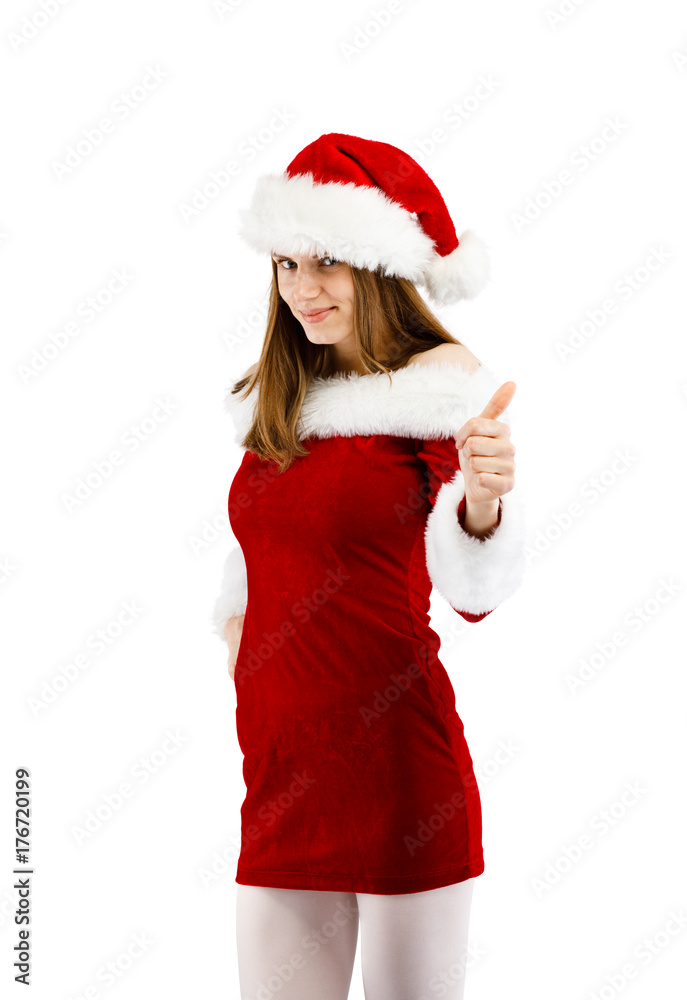 Beautiful woman in Santa Claus clothes showing OK sign on white background Beautiful woman in Santa Claus clothes showing OK sign on white background
