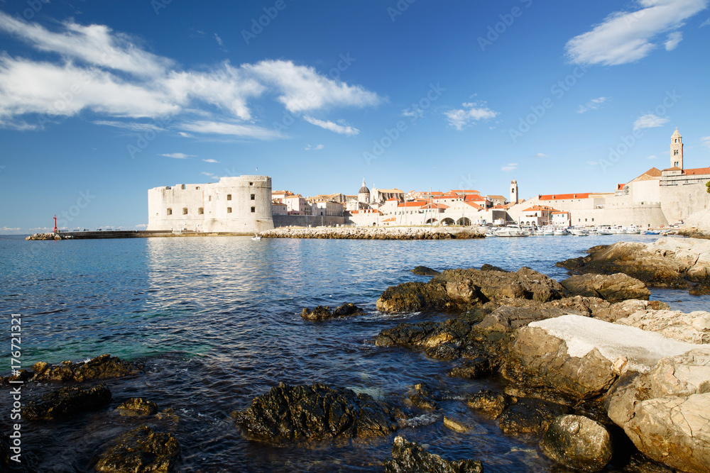 majestic view of the fort of the John John, the old lighthouse and the port. Dubrovnik, Croatia