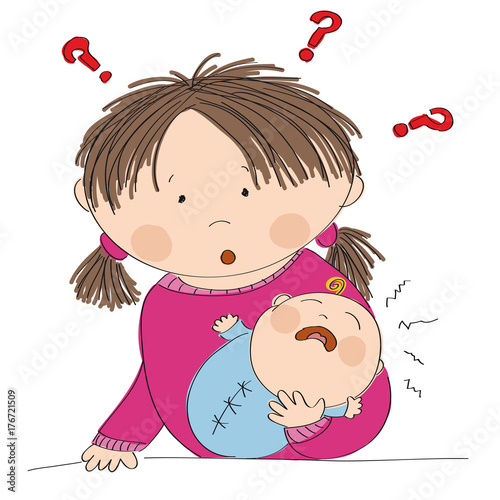 Puzzled young mother with crying baby boy. What to do? Why it is crying? Original hand drawn illustration.