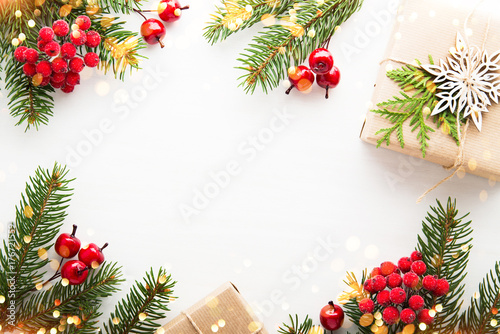Christmas and New Year holiday background. Xmas greeting card. Glitter bokeh light. Flat lay