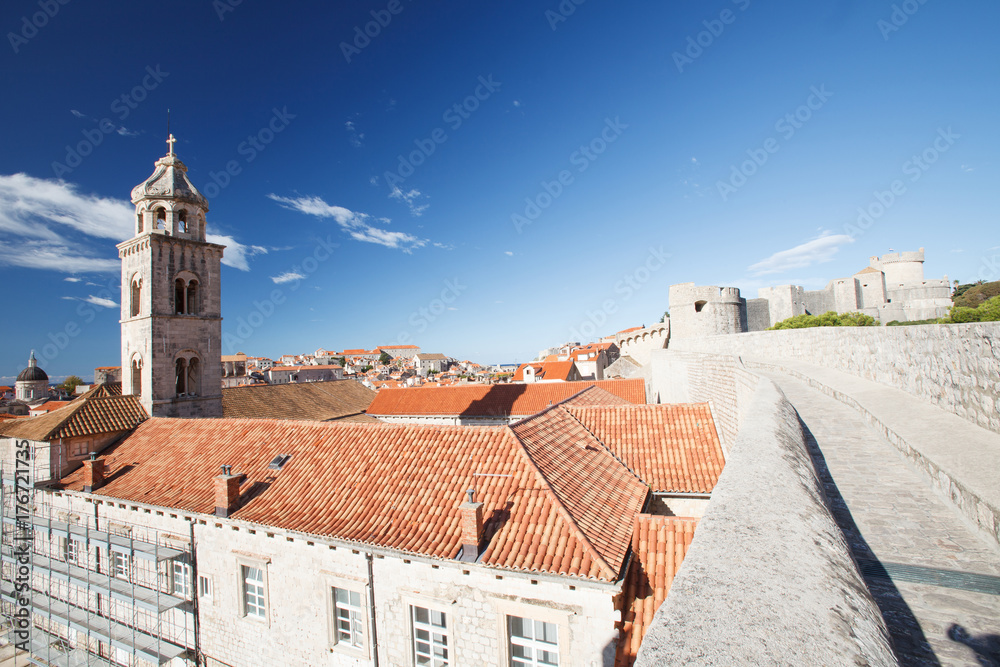Scenic view from the walls of the old city to the Dominican Monastery. Dubrovnik, Croatia