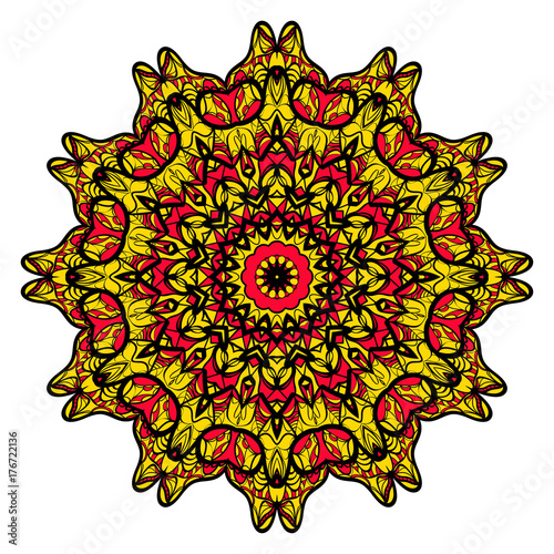 yellow, red, black color flower mandala round ornament design for greeting card, invitation, tattoo. Vector illustration photo