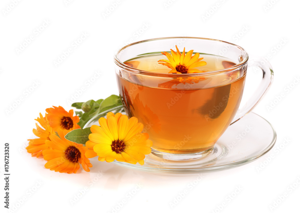 Calendula tea with fresh flowers isolated on white background Calendula tea with fresh flowers isolated on white background