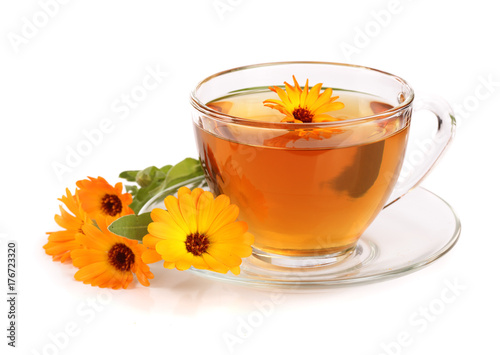 Calendula tea with fresh flowers isolated on white background