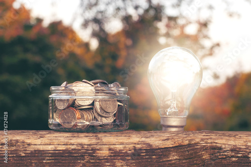 Coins in the glass jar and the bulb