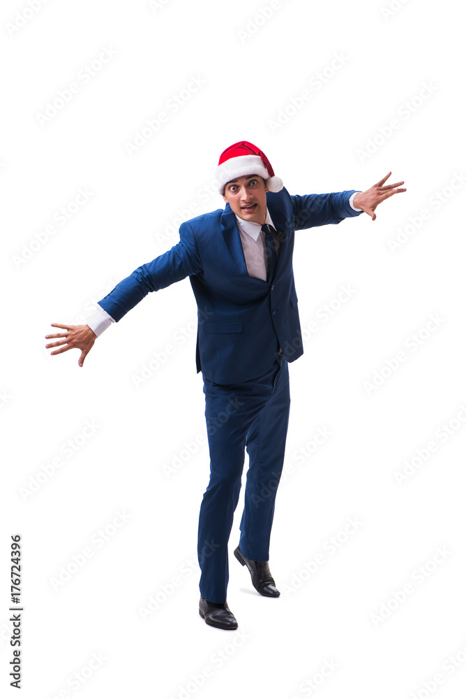 Young busnessman wearing santa hat in christmas concept on white Young busnessman wearing santa hat in christmas concept on white