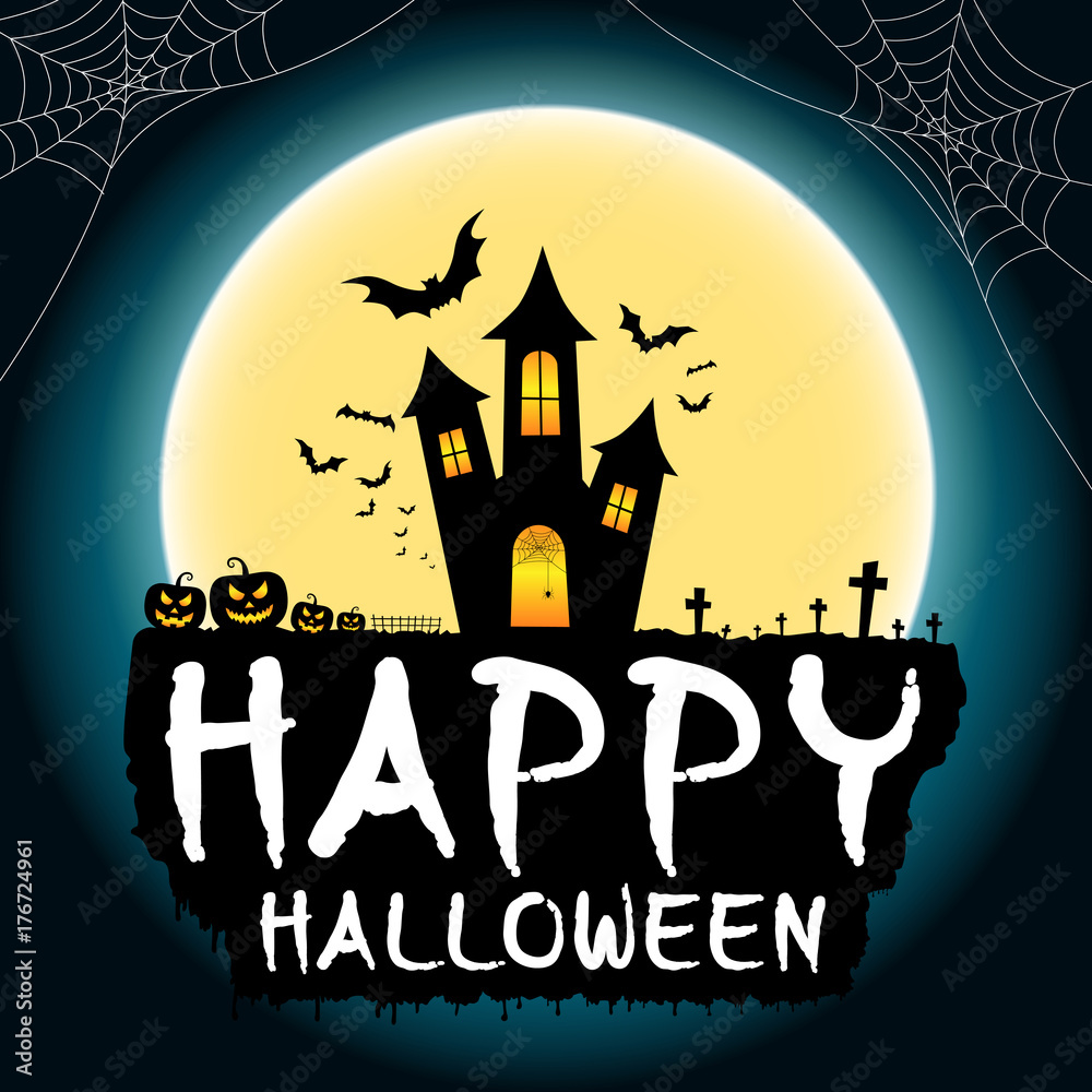 Happy halloween party banner or greeting card. Halloween night background with full moon, spider, web, graveyard and dark blue sky.