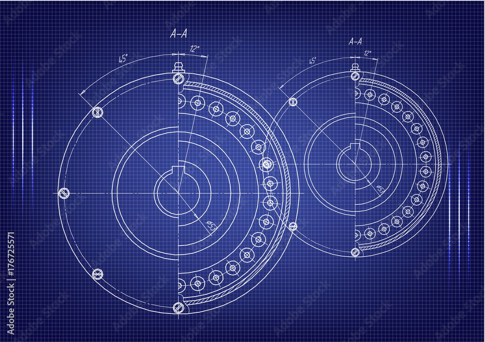 Machine-building drawings on a blue background