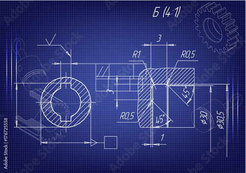 Machine-building drawings on a blue background